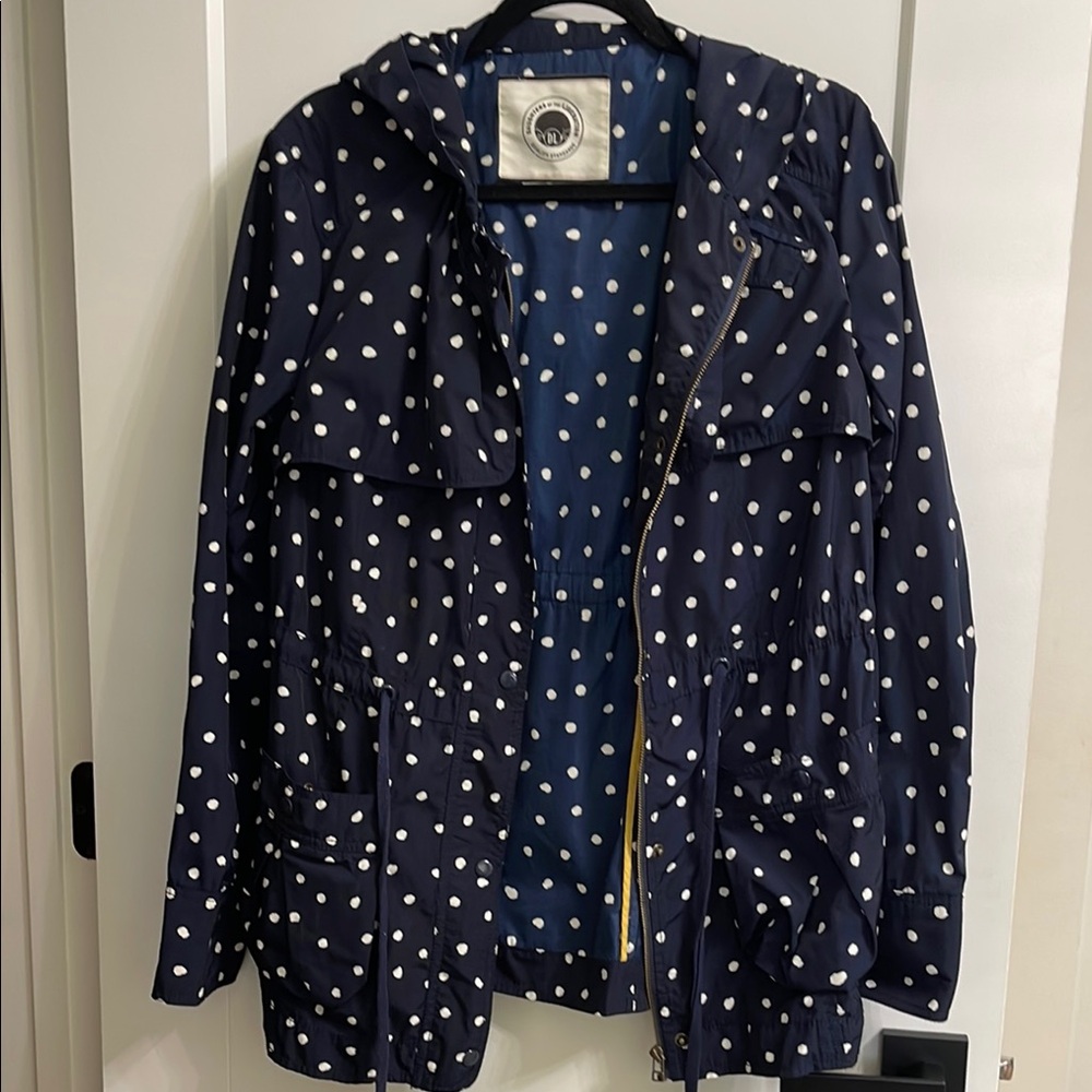 Anthropologie Daughters of the Liberation navy polka dot rain jacket